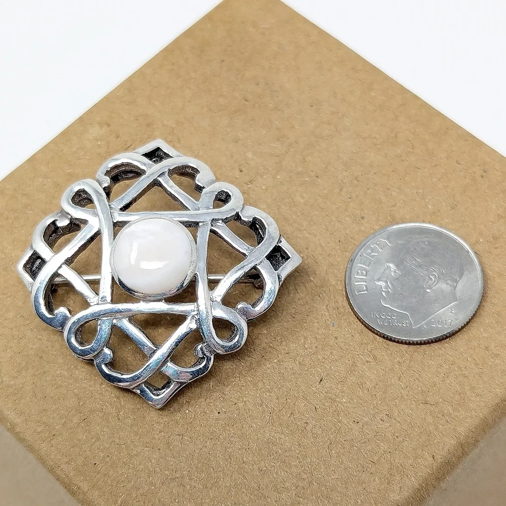 Sterling Silver 925 Vintage Brooch Round White Center Stone